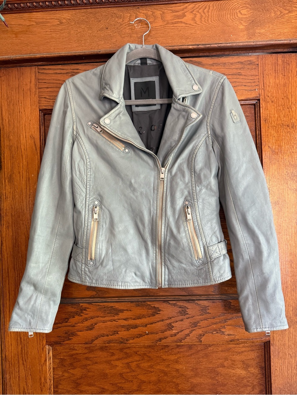 MAURITIUS 100% Lamb Leather Zip Up Moto Jacket Fitted Chic Light Blue Grey US 6